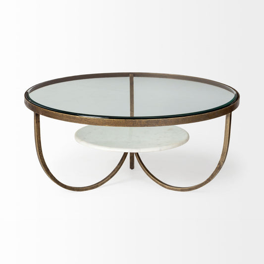 36" Brown and Gold Wood and Metal Round Coffee Table With Shelf HomeRoots