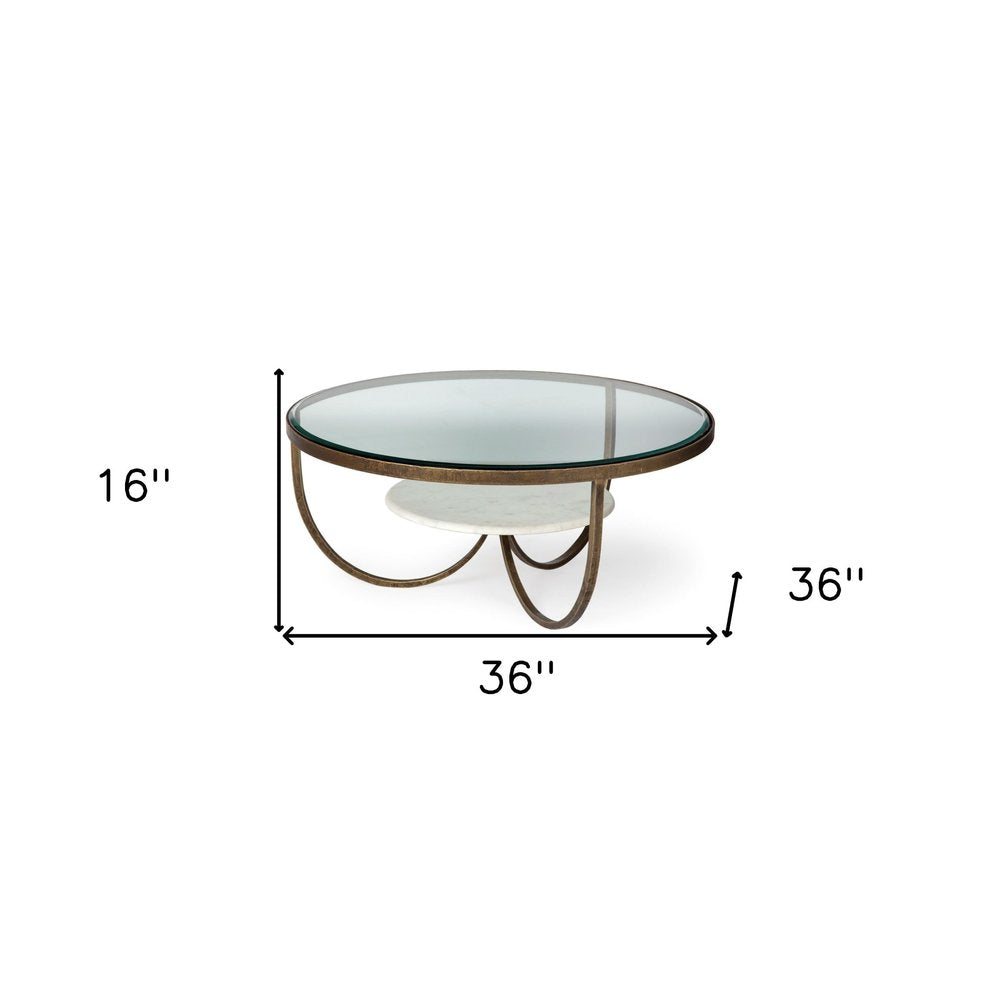 36" Brown and Gold Wood and Metal Round Coffee Table With Shelf HomeRoots