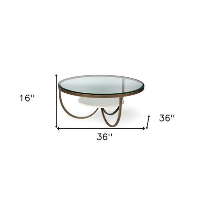 36" Brown and Gold Wood and Metal Round Coffee Table With Shelf HomeRoots