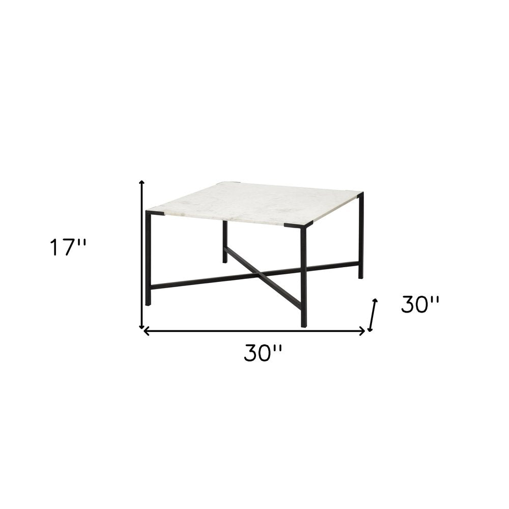 30" Black And White Genuine Marble and Metal Square Cross Legs Coffee Table HomeRoots