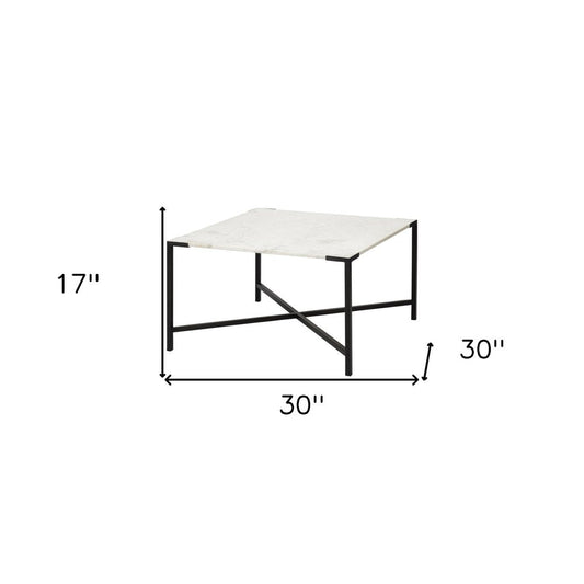 30" Black And White Genuine Marble and Metal Square Cross Legs Coffee Table HomeRoots
