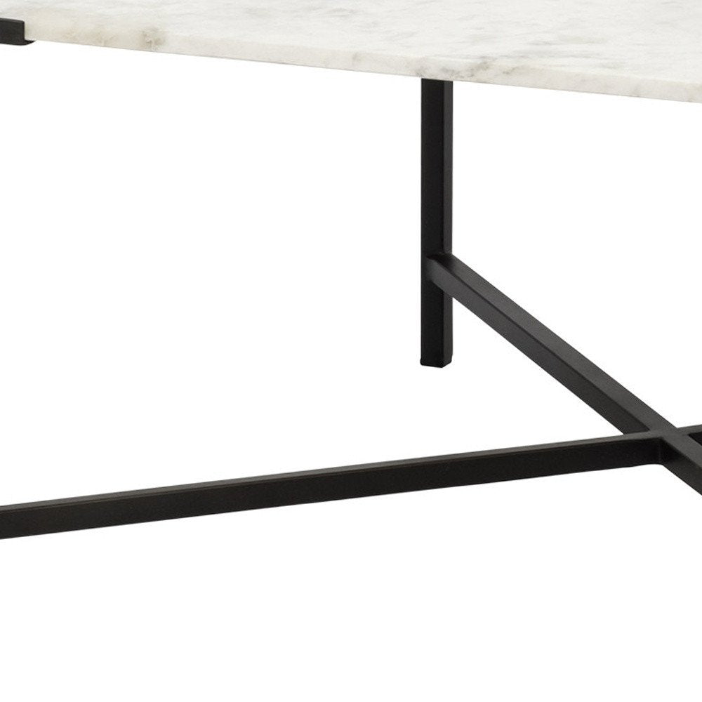 30" Black And White Genuine Marble and Metal Square Cross Legs Coffee Table HomeRoots