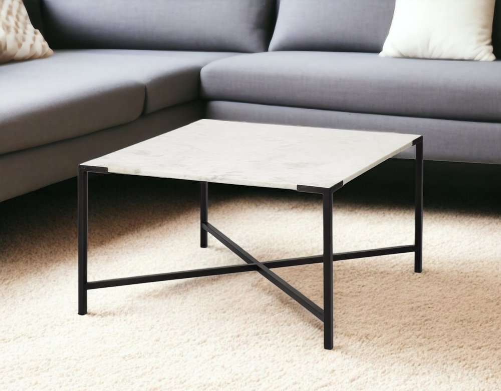30" Black And White Genuine Marble and Metal Square Cross Legs Coffee Table HomeRoots