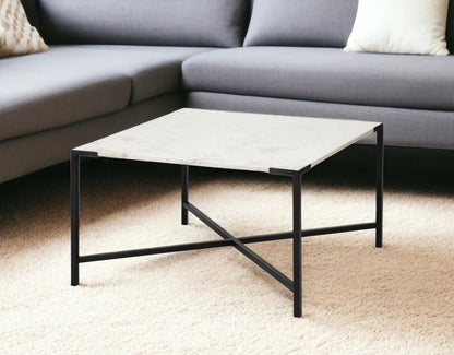 30" Black And White Genuine Marble and Metal Square Cross Legs Coffee Table HomeRoots