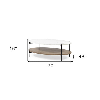 48" Brown and Black Genuine Marble and Metal Oval Coffee Table With Shelf HomeRoots