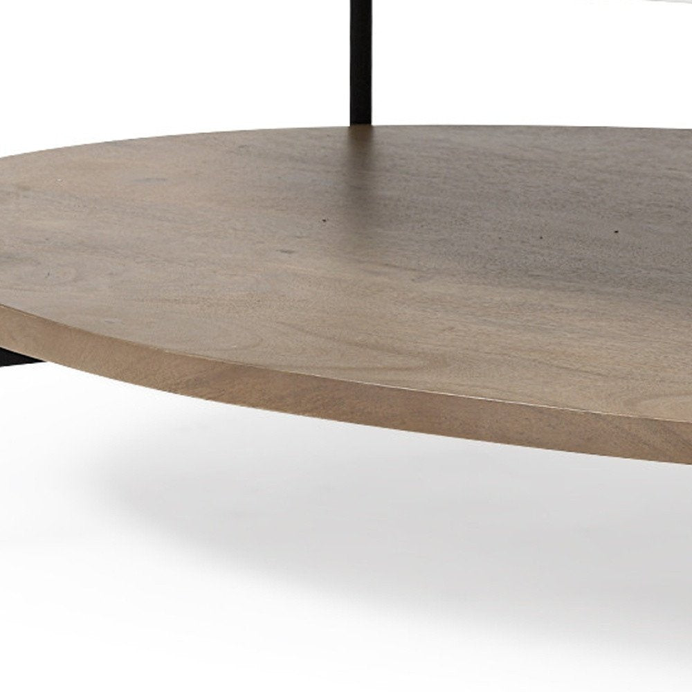 48" Brown and Black Genuine Marble and Metal Oval Coffee Table With Shelf HomeRoots