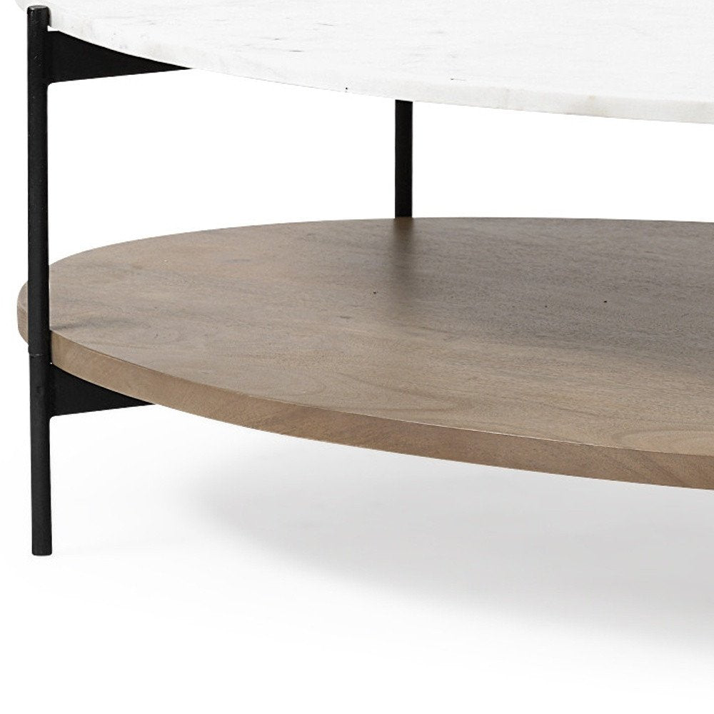 48" Brown and Black Genuine Marble and Metal Oval Coffee Table With Shelf HomeRoots