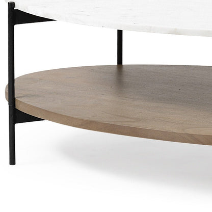 48" Brown and Black Genuine Marble and Metal Oval Coffee Table With Shelf HomeRoots