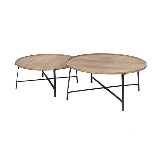 Set of Two Brown and Black Solid Wood and Iron Round Nested Coffee Tables HomeRoots