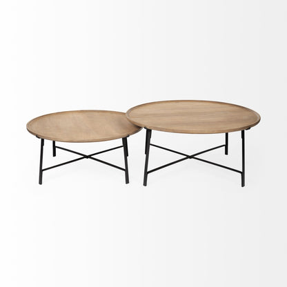Set of Two Brown and Black Solid Wood and Iron Round Nested Coffee Tables HomeRoots
