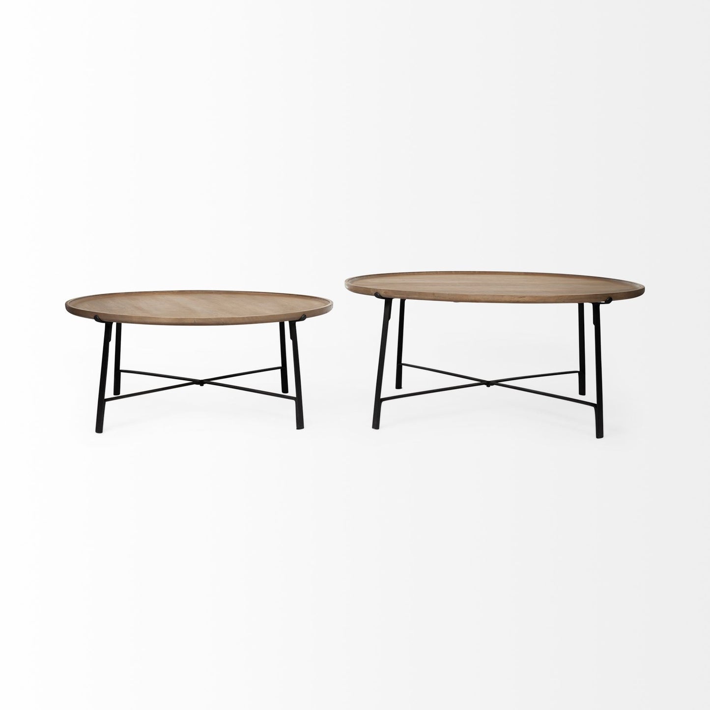 Set of Two Brown and Black Solid Wood and Iron Round Nested Coffee Tables HomeRoots