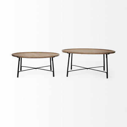 Set of Two Brown and Black Solid Wood and Iron Round Nested Coffee Tables HomeRoots