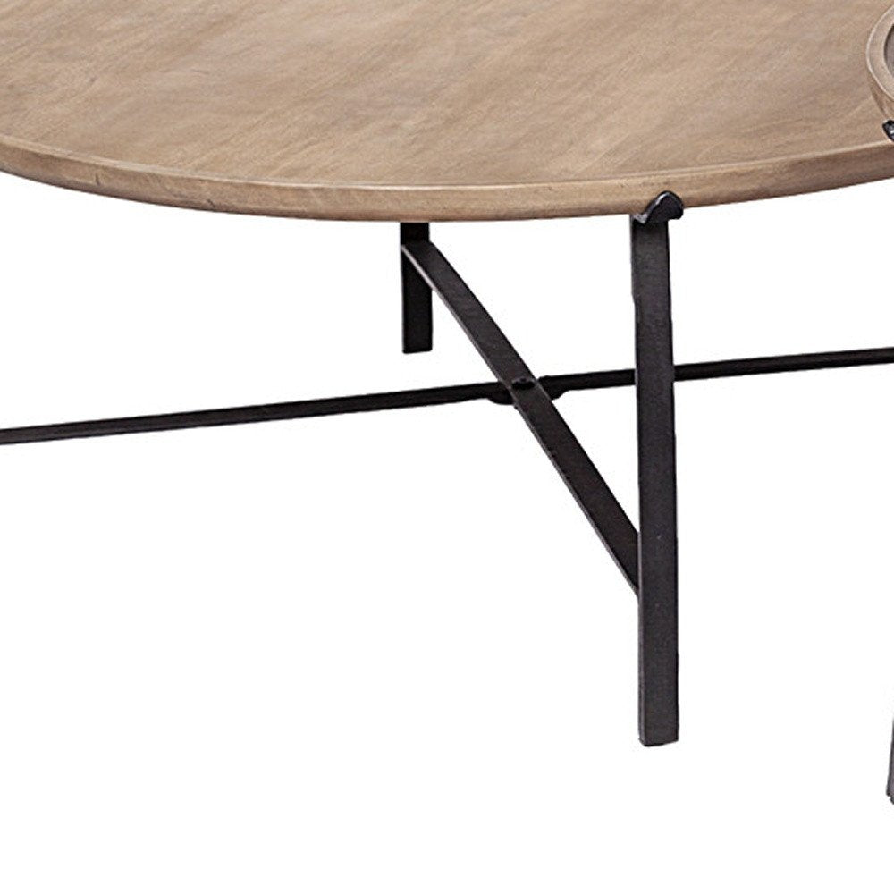 Set of Two Brown and Black Solid Wood and Iron Round Nested Coffee Tables HomeRoots