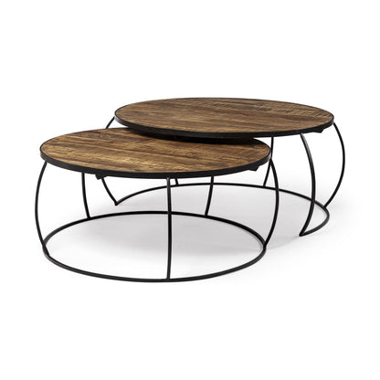 Brown and Black Wood and Metal Round Nested Coffee Tables HomeRoots