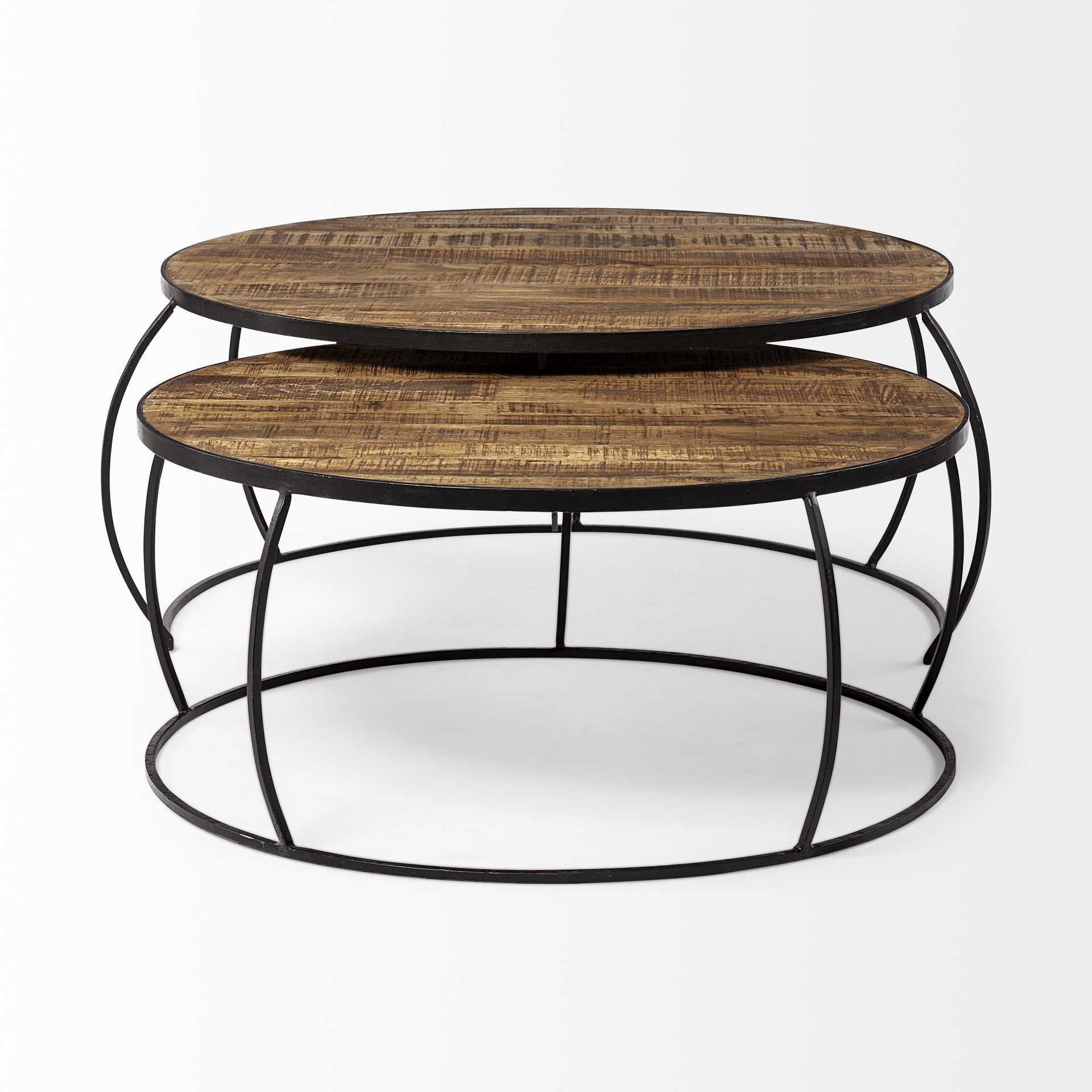 Brown and Black Wood and Metal Round Nested Coffee Tables HomeRoots