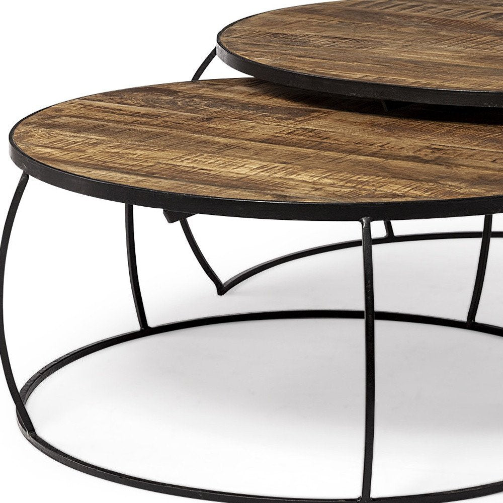 Brown and Black Wood and Metal Round Nested Coffee Tables HomeRoots