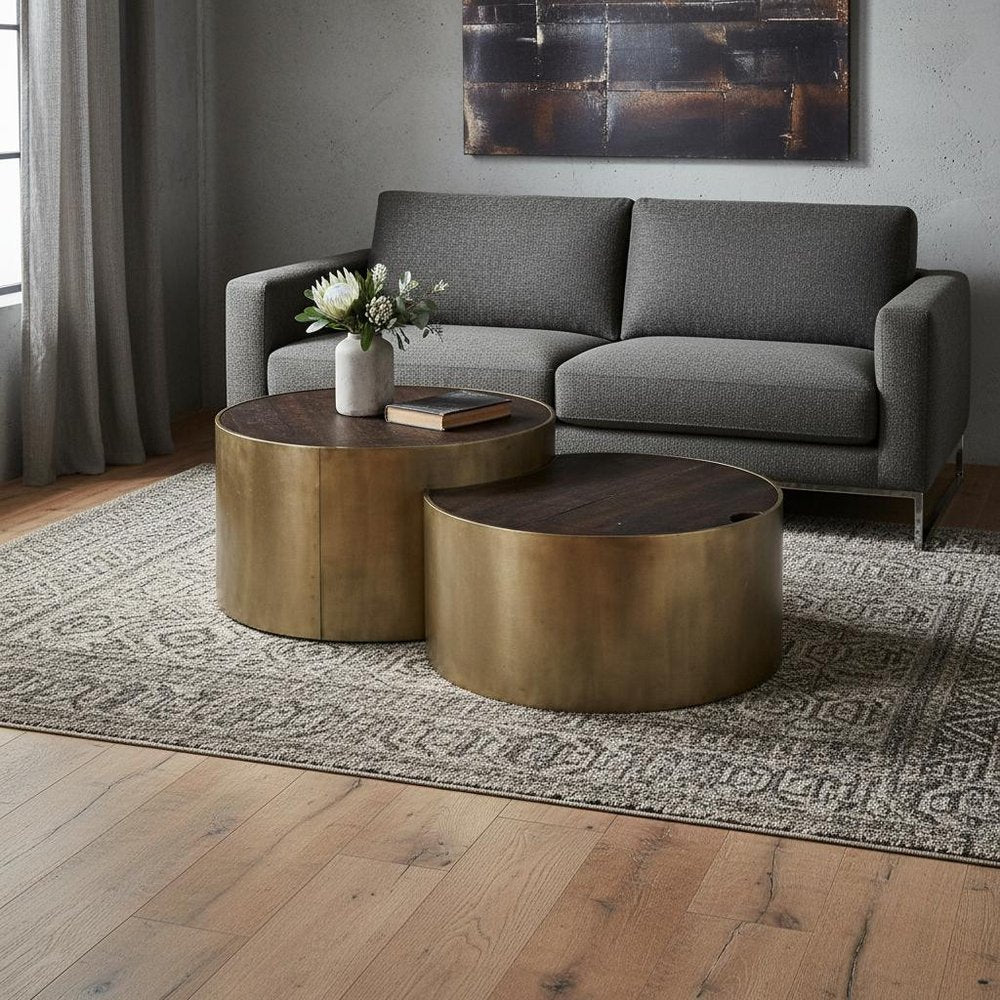 Brown Wood Round Nested Coffee Tables — view 4