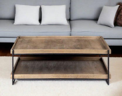 46" Natural and Black Solid Wood and Metal Coffee Table With Shelf HomeRoots