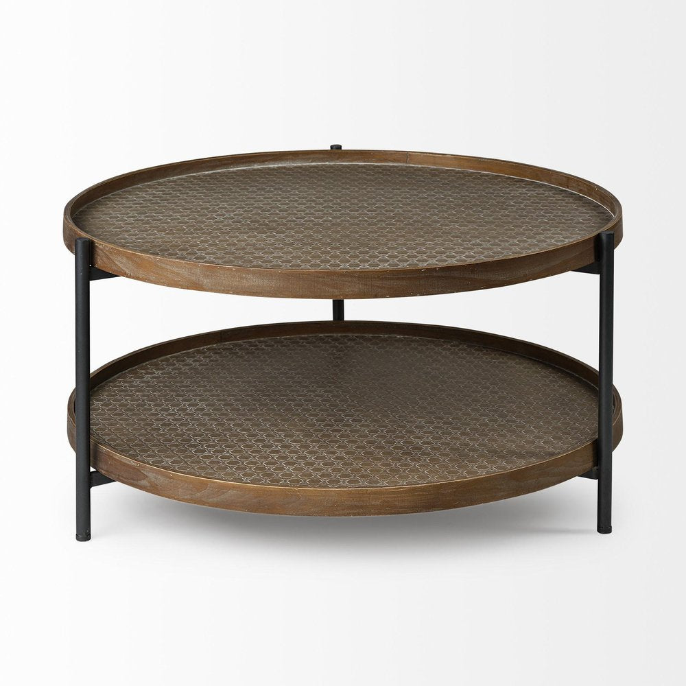 33" Brown and Black Solid Wood and Iron Round Coffee Table With Shelf — view 4