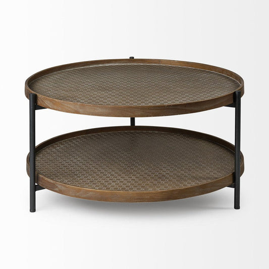 33" Brown and Black Solid Wood and Iron Round Coffee Table With Shelf