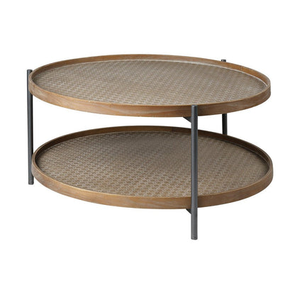 33" Brown and Black Solid Wood and Iron Round Coffee Table With Shelf HomeRoots