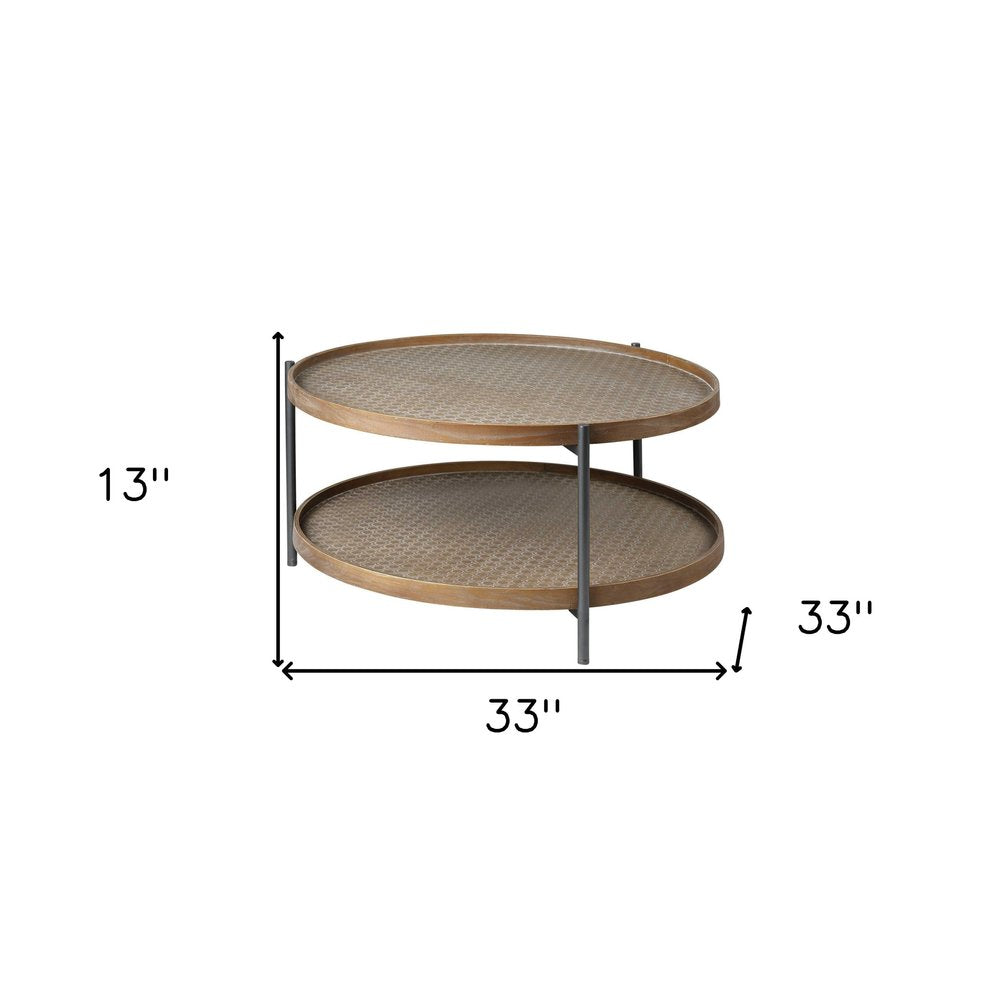 33" Brown and Black Solid Wood and Iron Round Coffee Table With Shelf HomeRoots
