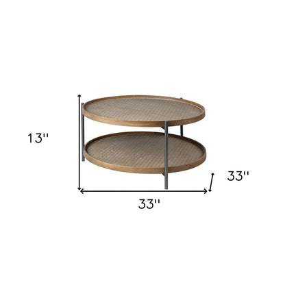 33" Brown and Black Solid Wood and Iron Round Coffee Table With Shelf HomeRoots