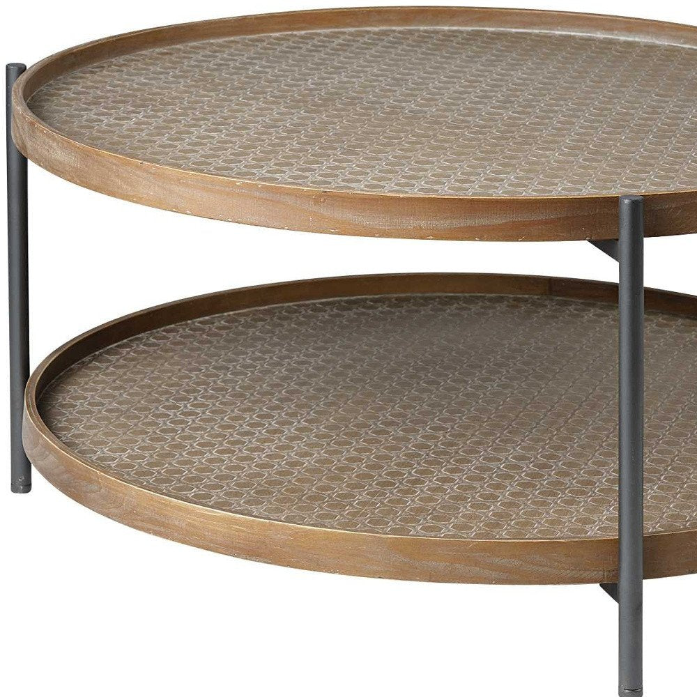 33" Brown and Black Solid Wood and Iron Round Coffee Table With Shelf — view 5
