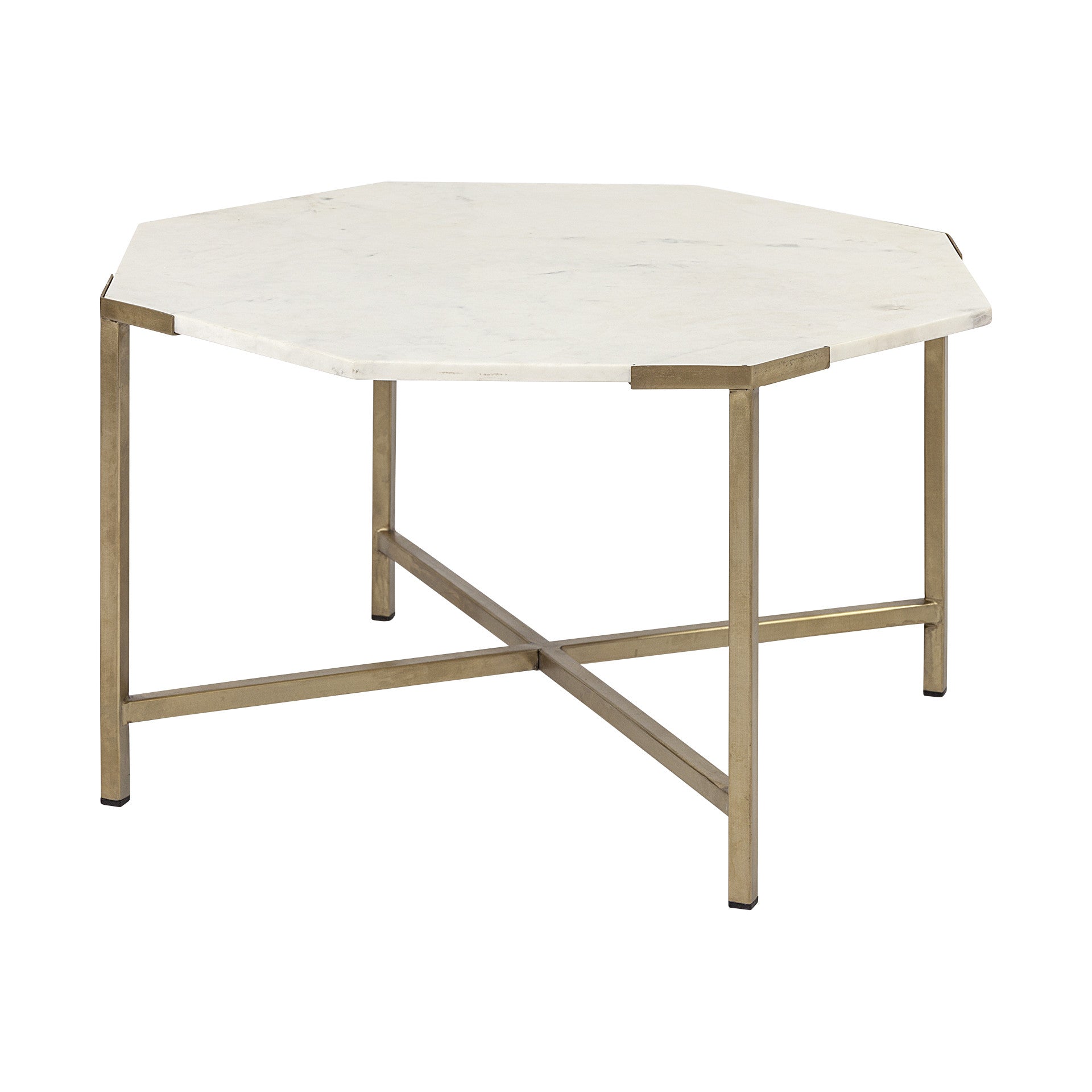 33" White and Gold Genuine Marble and Metal Octagon Coffee Table HomeRoots