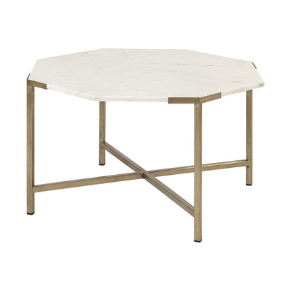 33" White and Gold Genuine Marble and Metal Octagon Coffee Table HomeRoots
