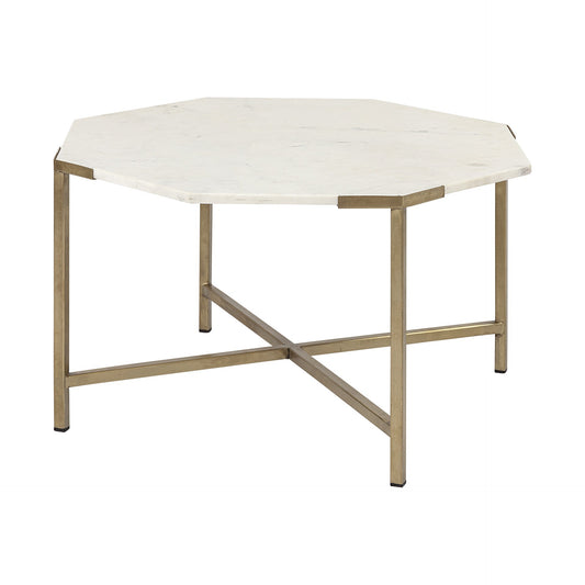 33" White and Gold Genuine Marble and Metal Octagon Coffee Table HomeRoots
