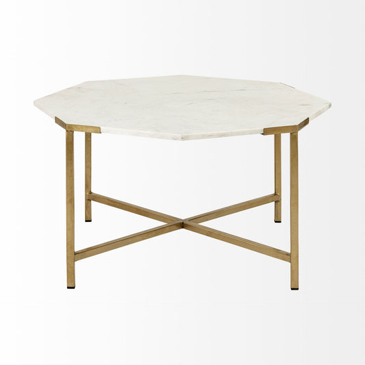 33" White and Gold Genuine Marble and Metal Octagon Coffee Table HomeRoots