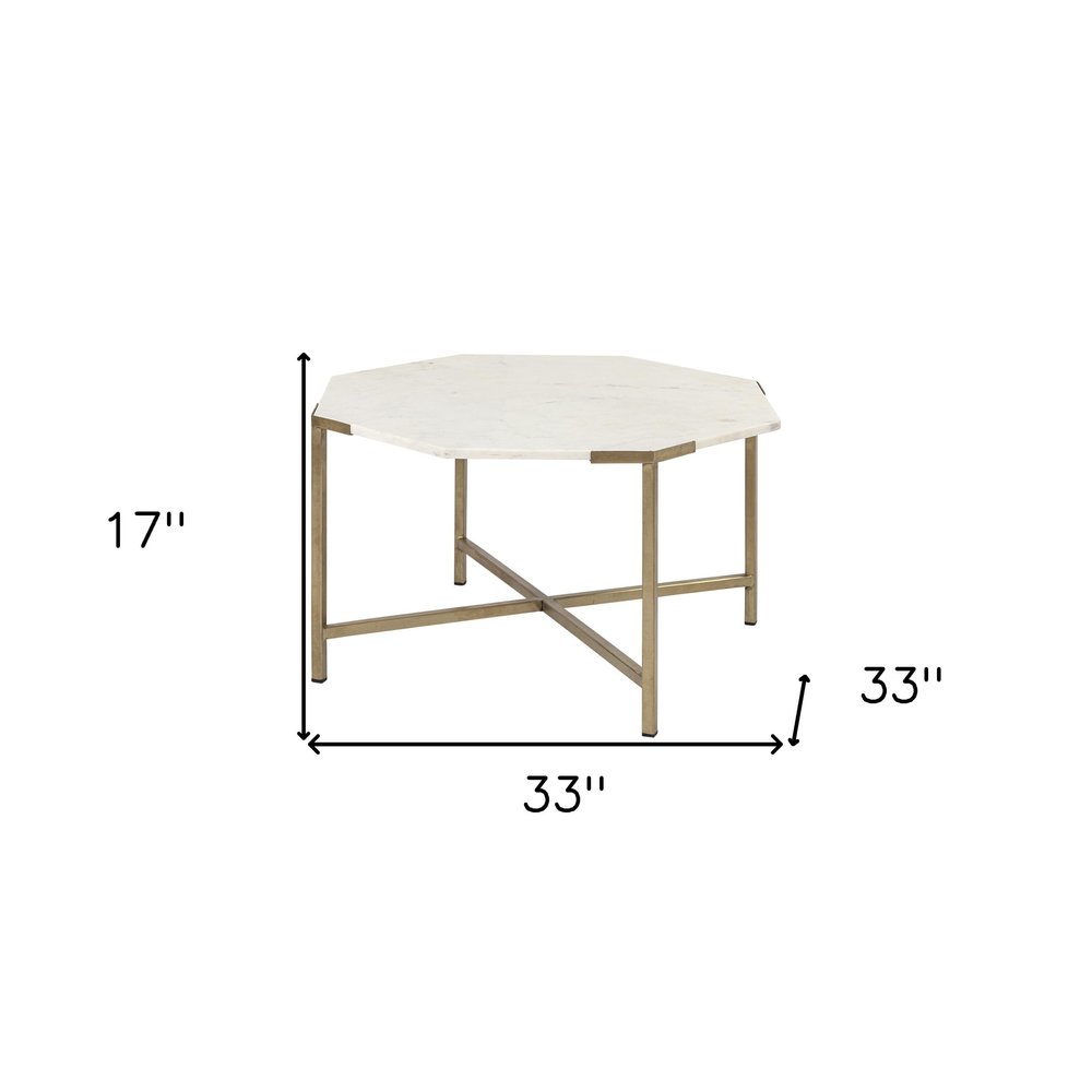 33" White and Gold Genuine Marble and Metal Octagon Coffee Table HomeRoots