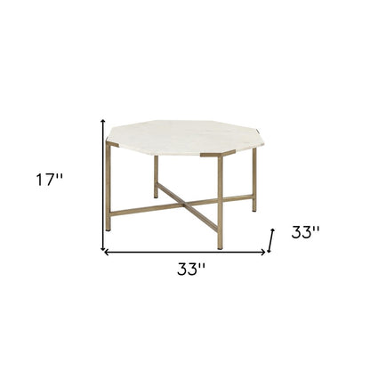 33" White and Gold Genuine Marble and Metal Octagon Coffee Table HomeRoots