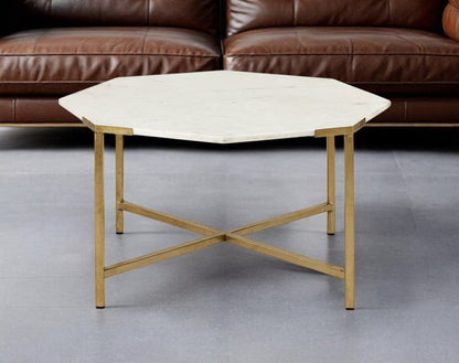 33" White and Gold Genuine Marble and Metal Octagon Coffee Table HomeRoots