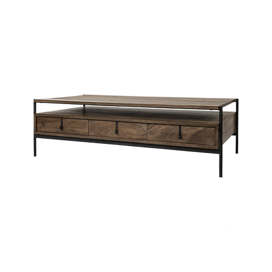 56" Brown and Black Solid Wood and Metal Coffee Table With Three Drawers HomeRoots