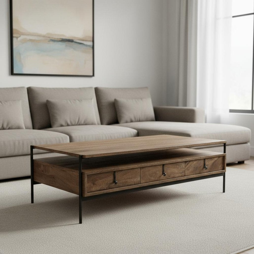 56" Brown and Black Solid Wood and Metal Coffee Table With Three Drawers HomeRoots