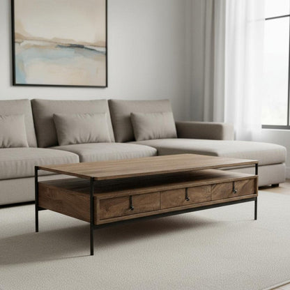56" Brown and Black Solid Wood and Metal Coffee Table With Three Drawers HomeRoots