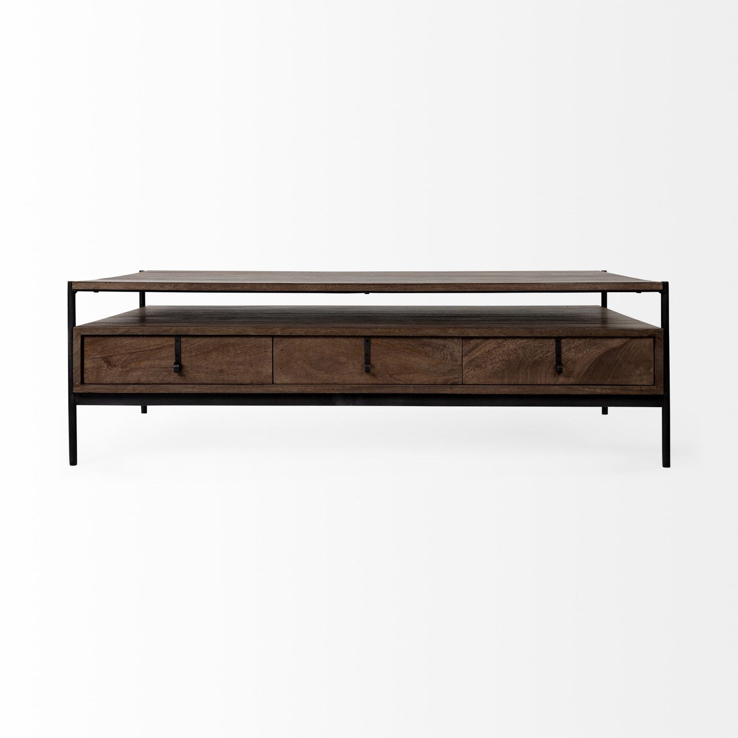 56" Brown and Black Solid Wood and Metal Coffee Table With Three Drawers HomeRoots