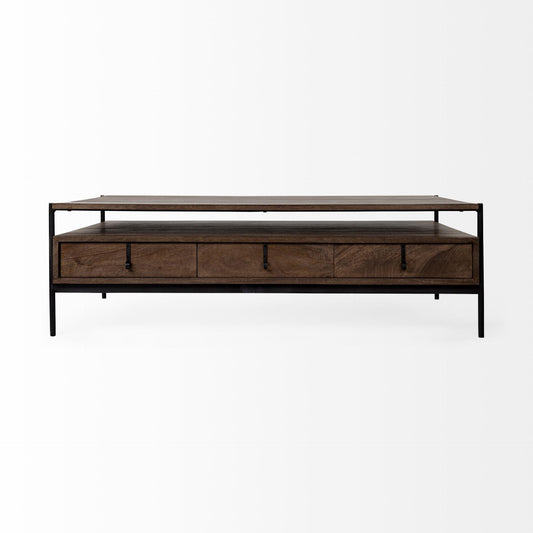 56" Brown and Black Solid Wood and Metal Coffee Table With Three Drawers HomeRoots