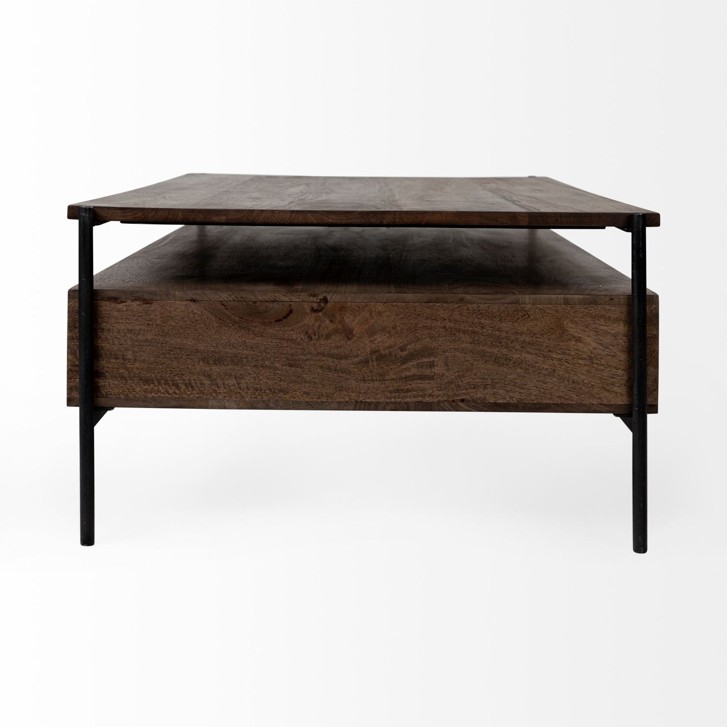 56" Brown and Black Solid Wood and Metal Coffee Table With Three Drawers HomeRoots