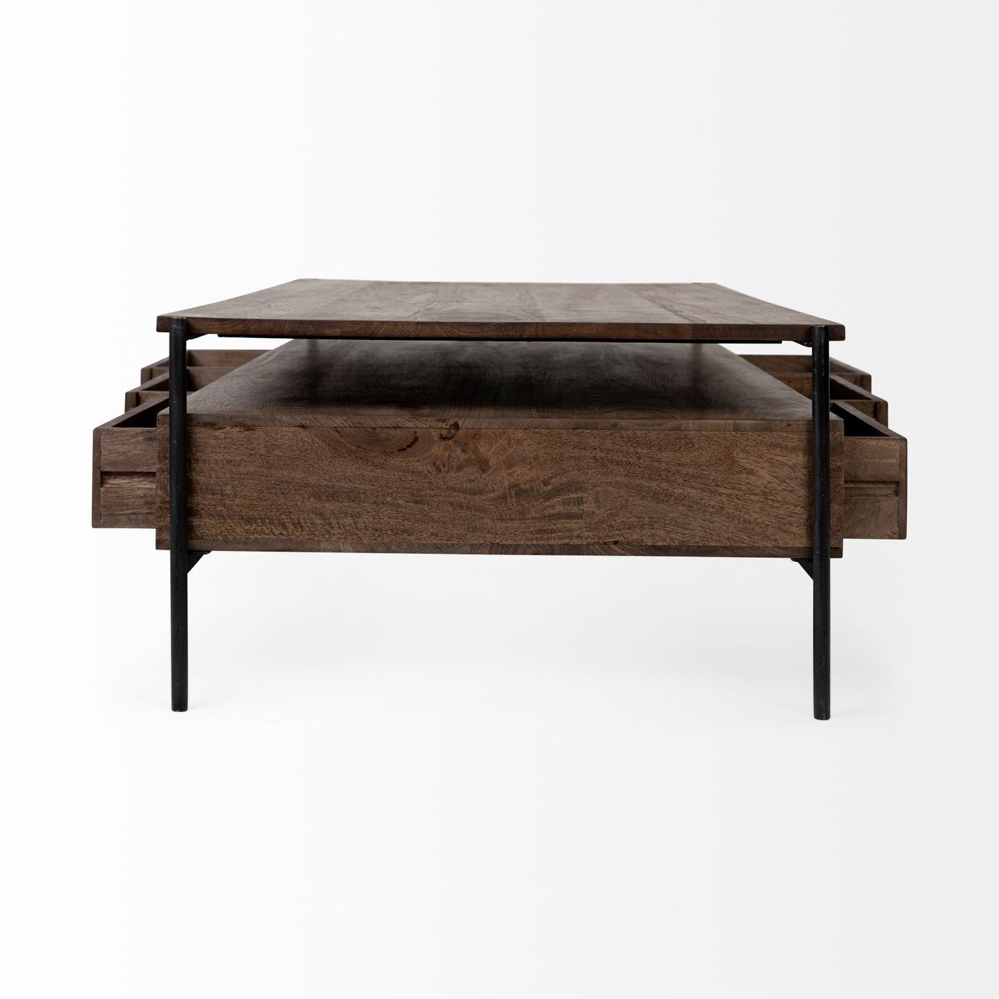 56" Brown and Black Solid Wood and Metal Coffee Table With Three Drawers HomeRoots