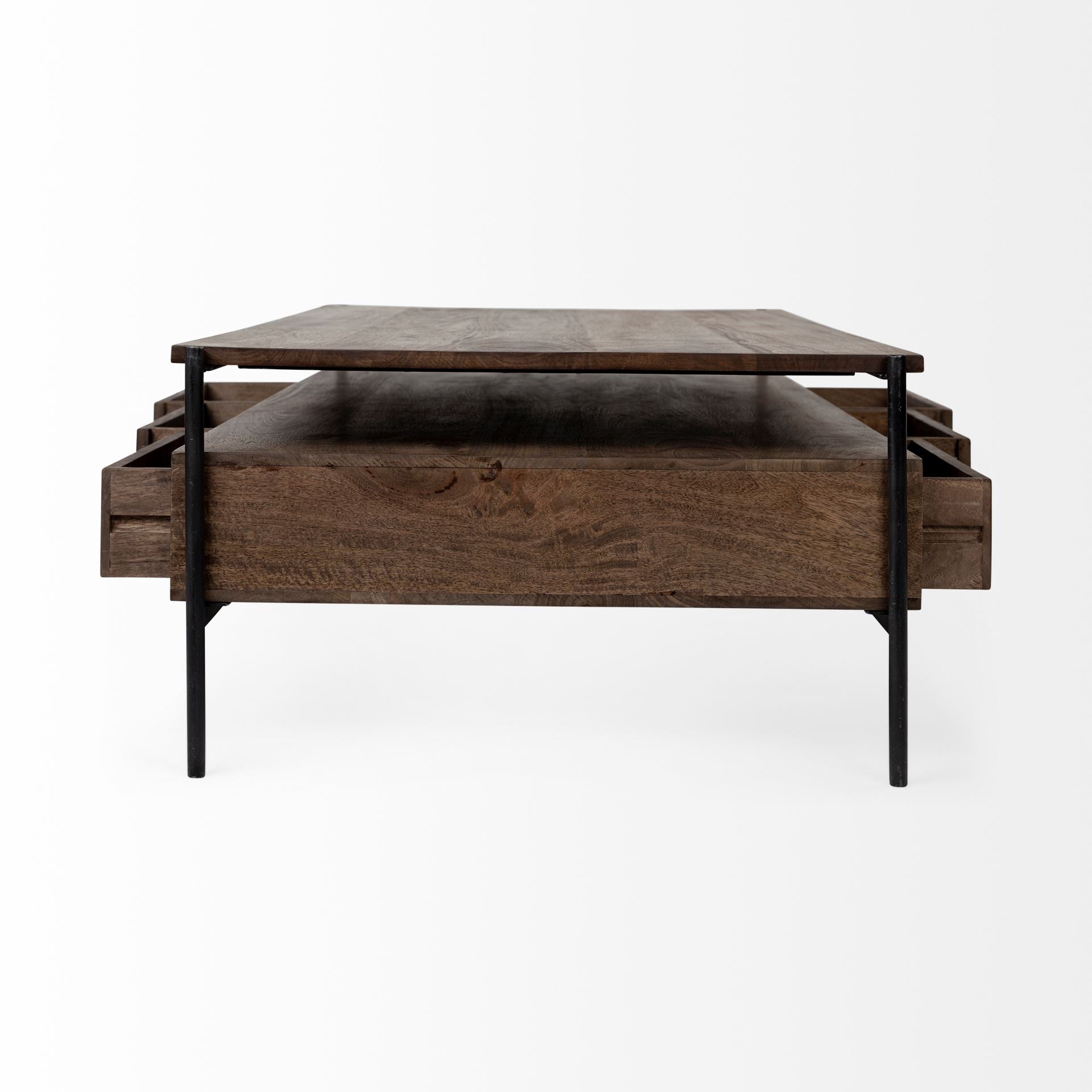 56" Brown and Black Solid Wood and Metal Coffee Table With Three Drawers HomeRoots