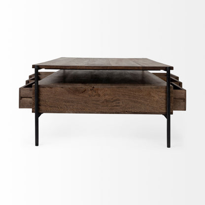 56" Brown and Black Solid Wood and Metal Coffee Table With Three Drawers HomeRoots