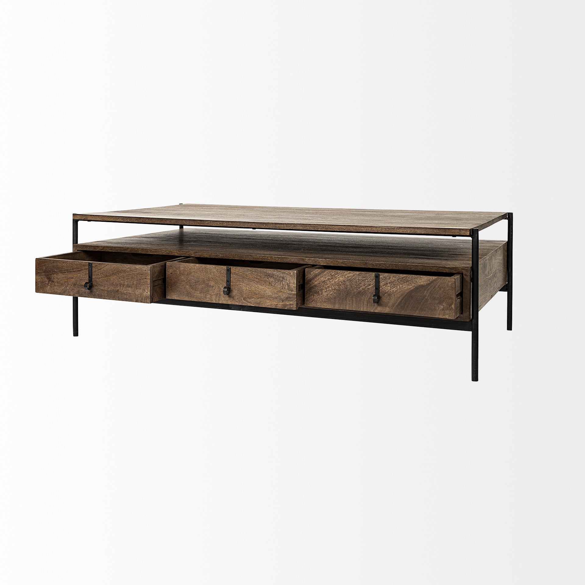 56" Brown and Black Solid Wood and Metal Coffee Table With Three Drawers HomeRoots