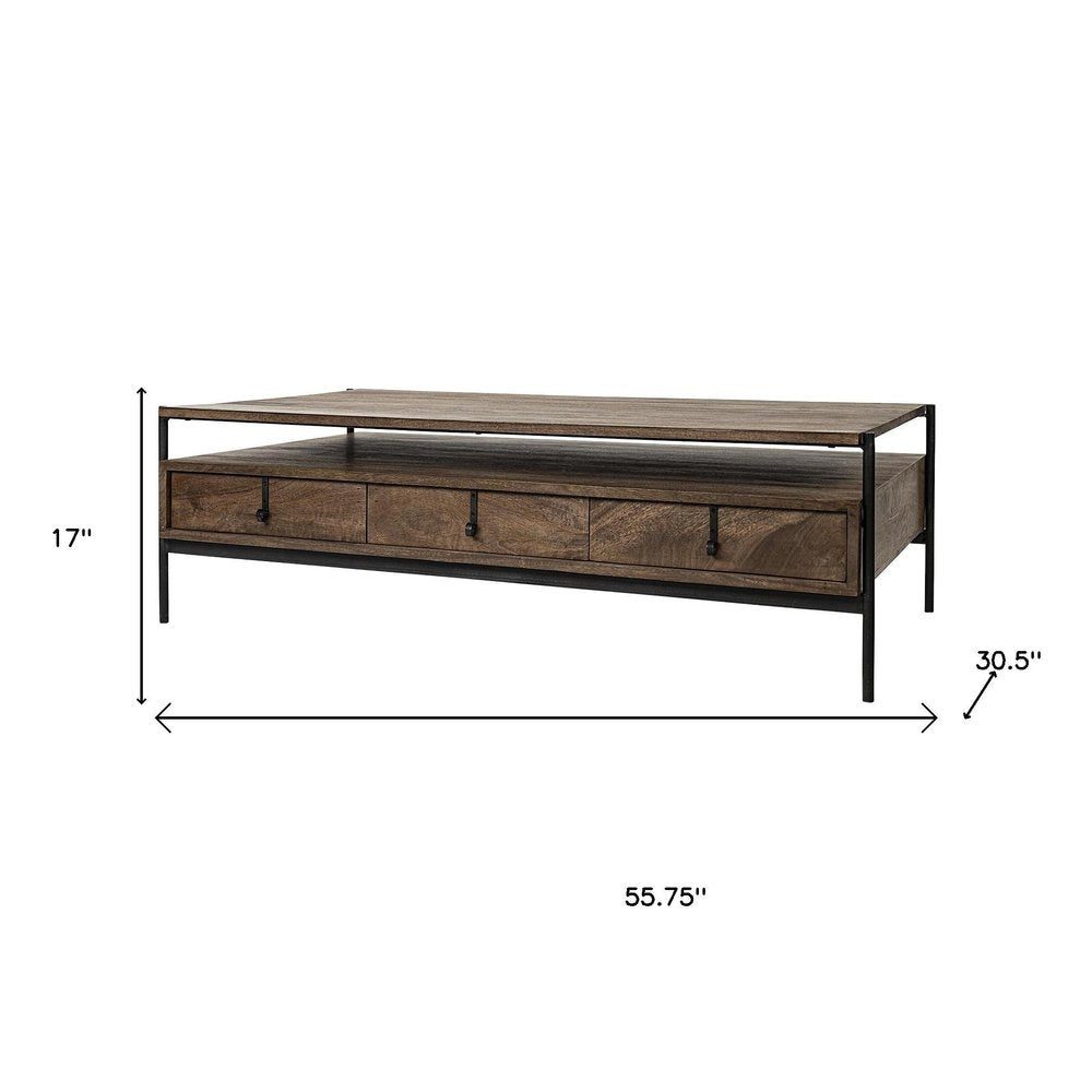 56" Brown and Black Solid Wood and Metal Coffee Table With Three Drawers HomeRoots