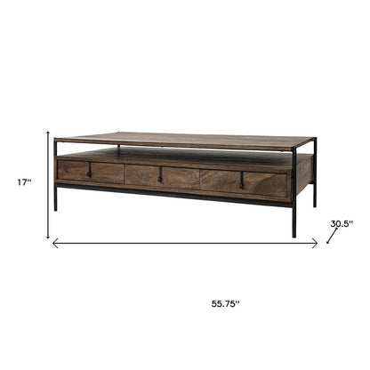 56" Brown and Black Solid Wood and Metal Coffee Table With Three Drawers HomeRoots