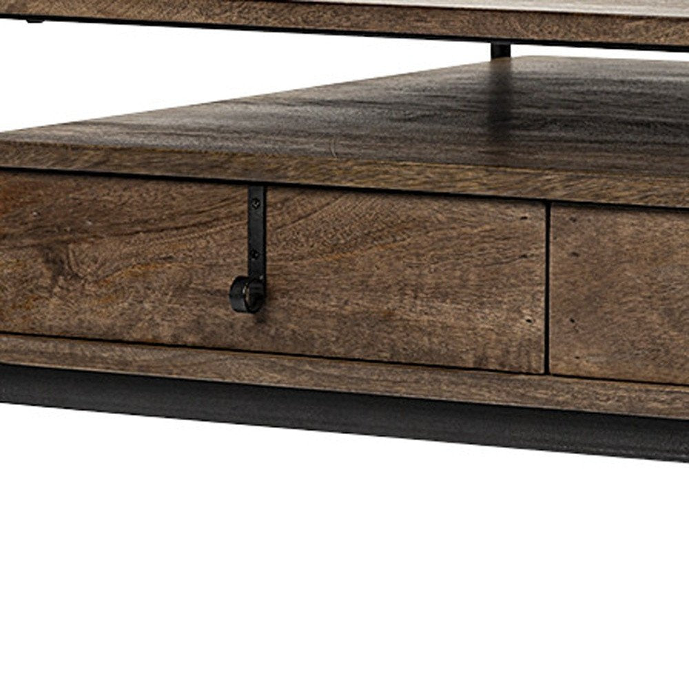 56" Brown and Black Solid Wood and Metal Coffee Table With Three Drawers HomeRoots