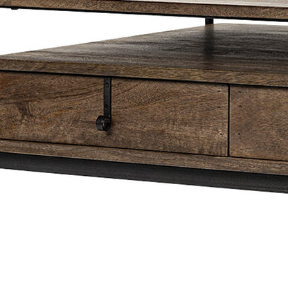 56" Brown and Black Solid Wood and Metal Coffee Table With Three Drawers HomeRoots