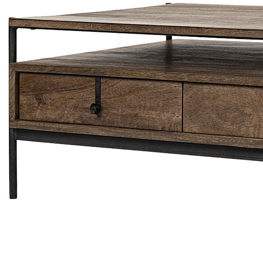 56" Brown and Black Solid Wood and Metal Coffee Table With Three Drawers HomeRoots